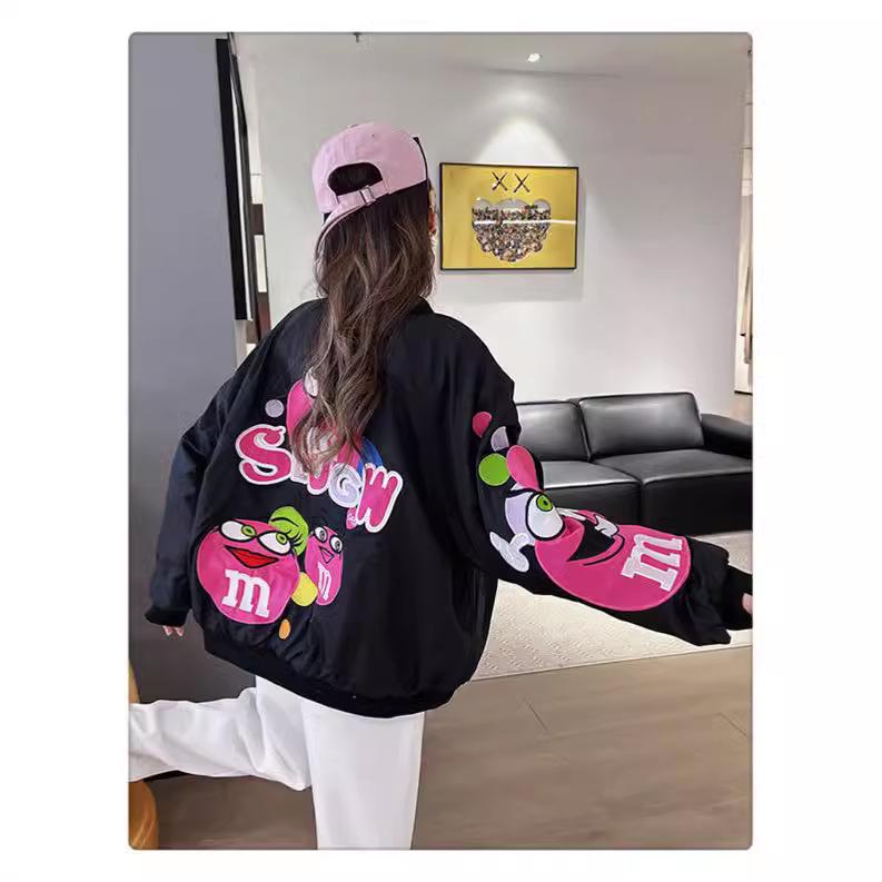 Unisex Cartoon Embroidered Baseball Jacket - Trendy Hip-Hop Style for Spring and Autumn