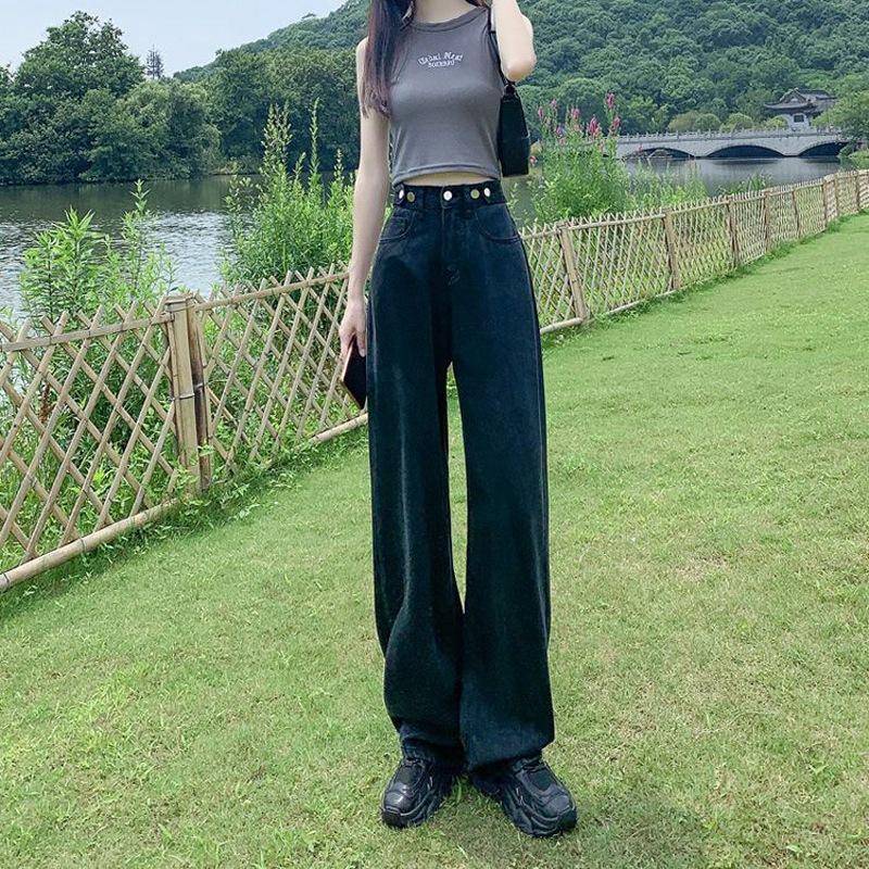 Women's High Waist Wide Leg Pants Loose Fit Adjustable Button Straight Denim Jeans