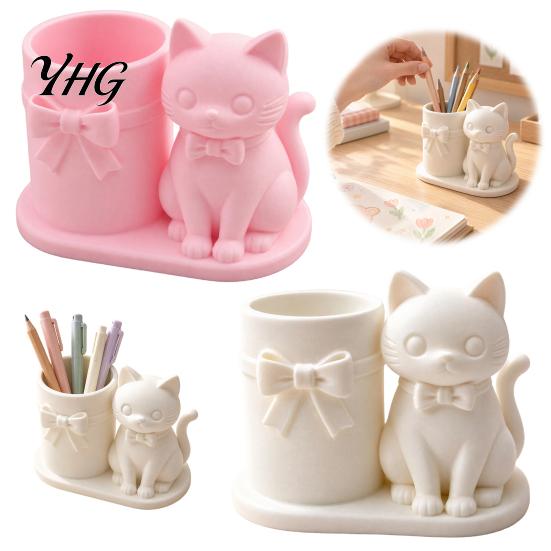 Minimalist Brush Holder 3D Print Cat Pen Holder, Matte PLA Pencil And Makeup Office Desk Organizer Storage Container, Stable Wide Base Bow Design Art