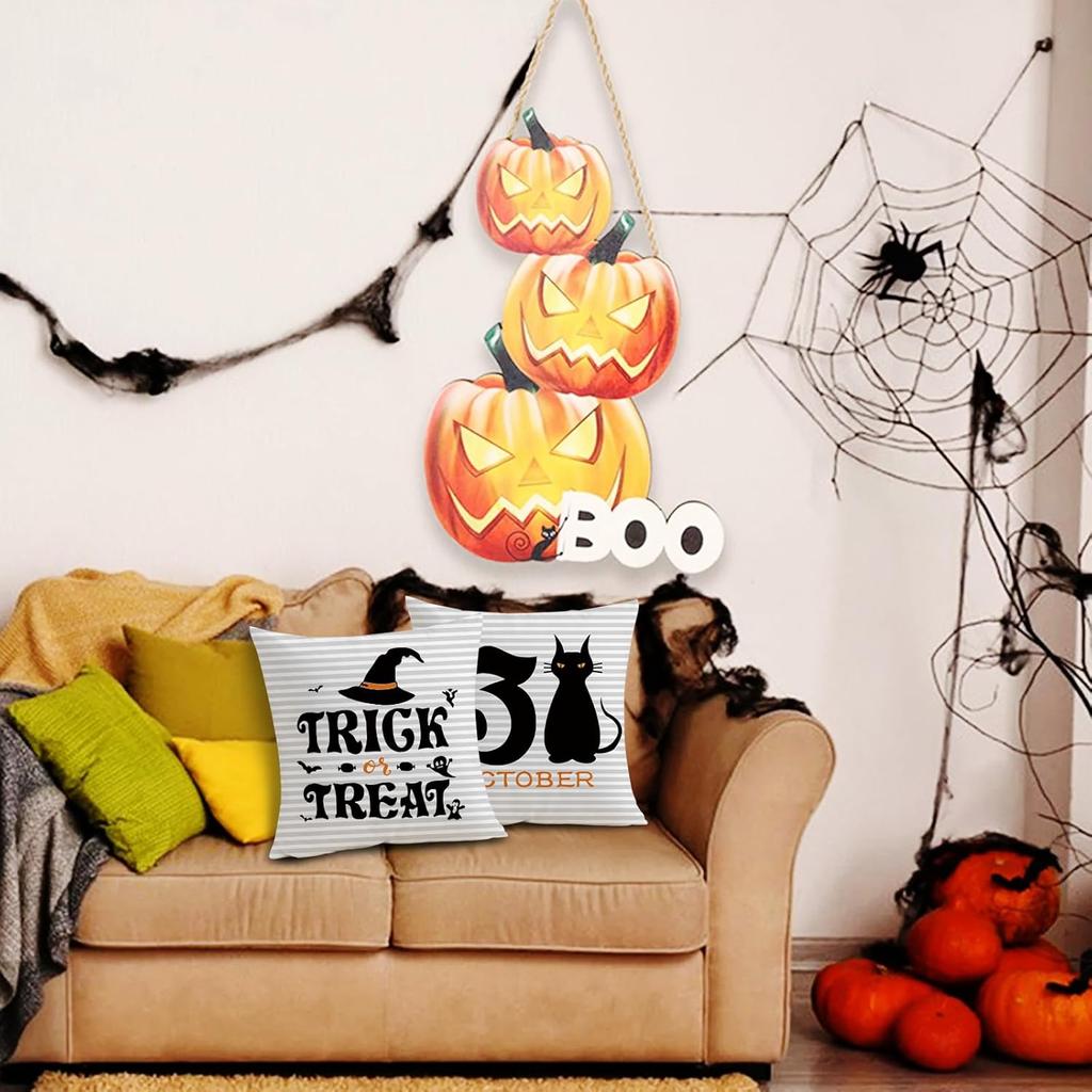 Halloween Throw Pillow Covers Set Of 4 Black Cat Spider Web Skull Decorative Cushion Case Trick Treat Pillowcase For Home Decor