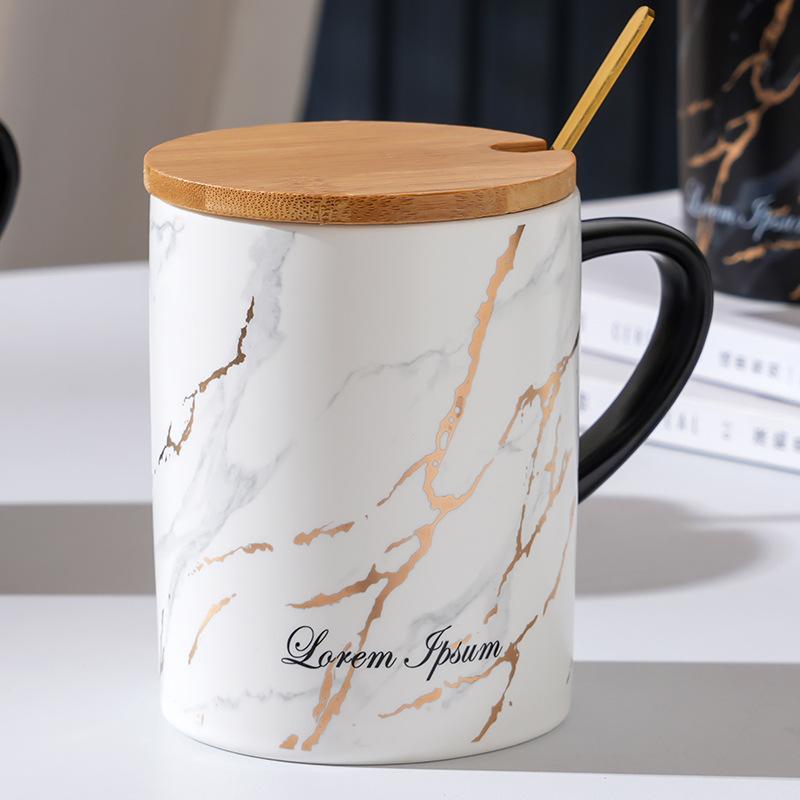 Nordic Ceramic Cup with Lid Spoon Marble Textured Large Capacity Mug Creative Personality Ins Office Water Cup