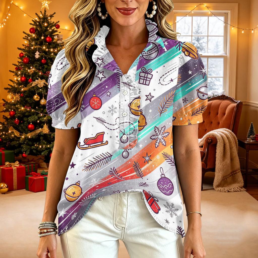 Women's Casual V-Neck Ruffle Short Sleeve Button-Front Top with Christmas Print