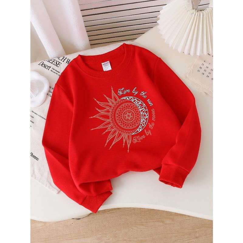 Girls' Long-Sleeve Casual Crewneck Sweatshirt | 2026 New, Composite Fabric with Slight Stretch, Random Print, Crew Neck
