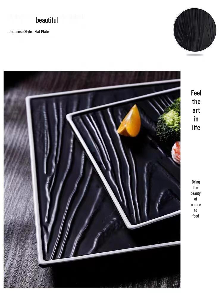 Matte Black Ceramic Wood Grain Plate for Steak, Barbecue, Snacks, and Desserts