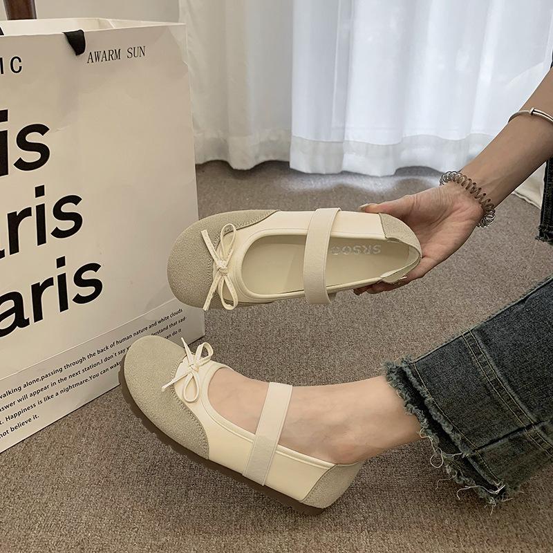 

Белые французские туфли на плоской подошве с неглубоким вырезом, женские летние новые туфли Мэри Джейн с круглым носком и мягкой подошвой, с бантом 39 бежевый