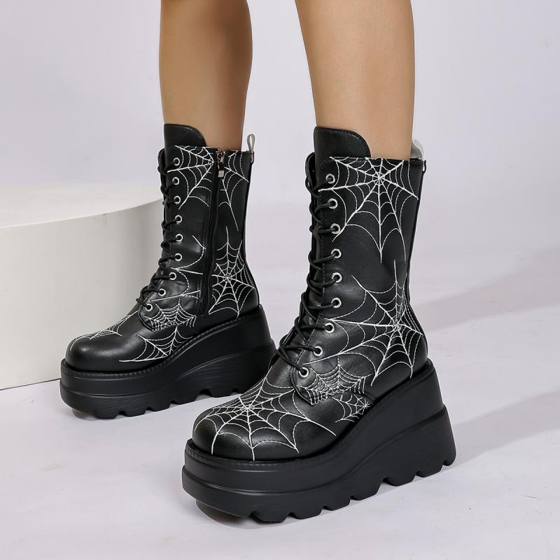 Fashion Gothic Spider Web Embroidery Super High Heel Boots Women 2025 Autumn Punk Thick Bottom Mid Calf Booties Side Zip Black Boots
