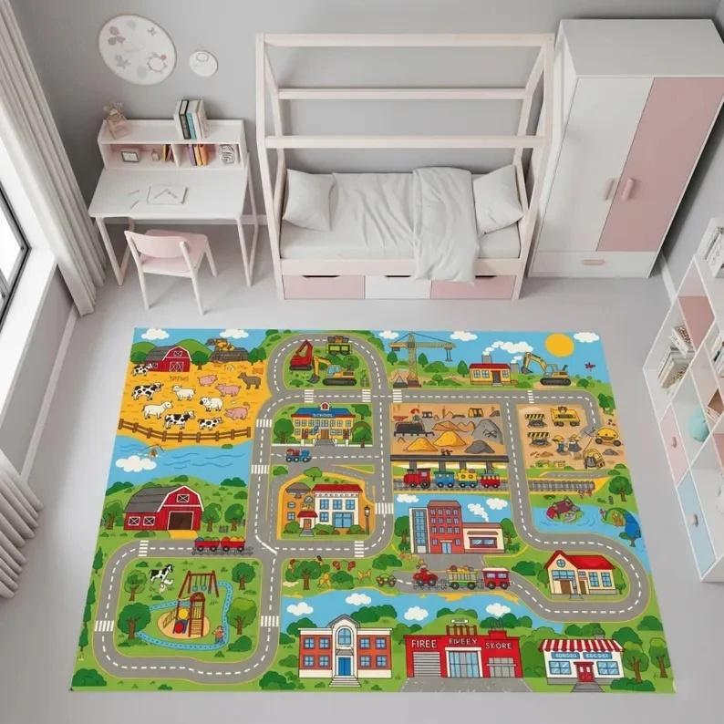 Car Play Mat for Boys and Girls Highway City Traffic-Themed Rugs for Kids Toy Cars Kids Rugs for Playroom Non-Slip Kids Play Rug