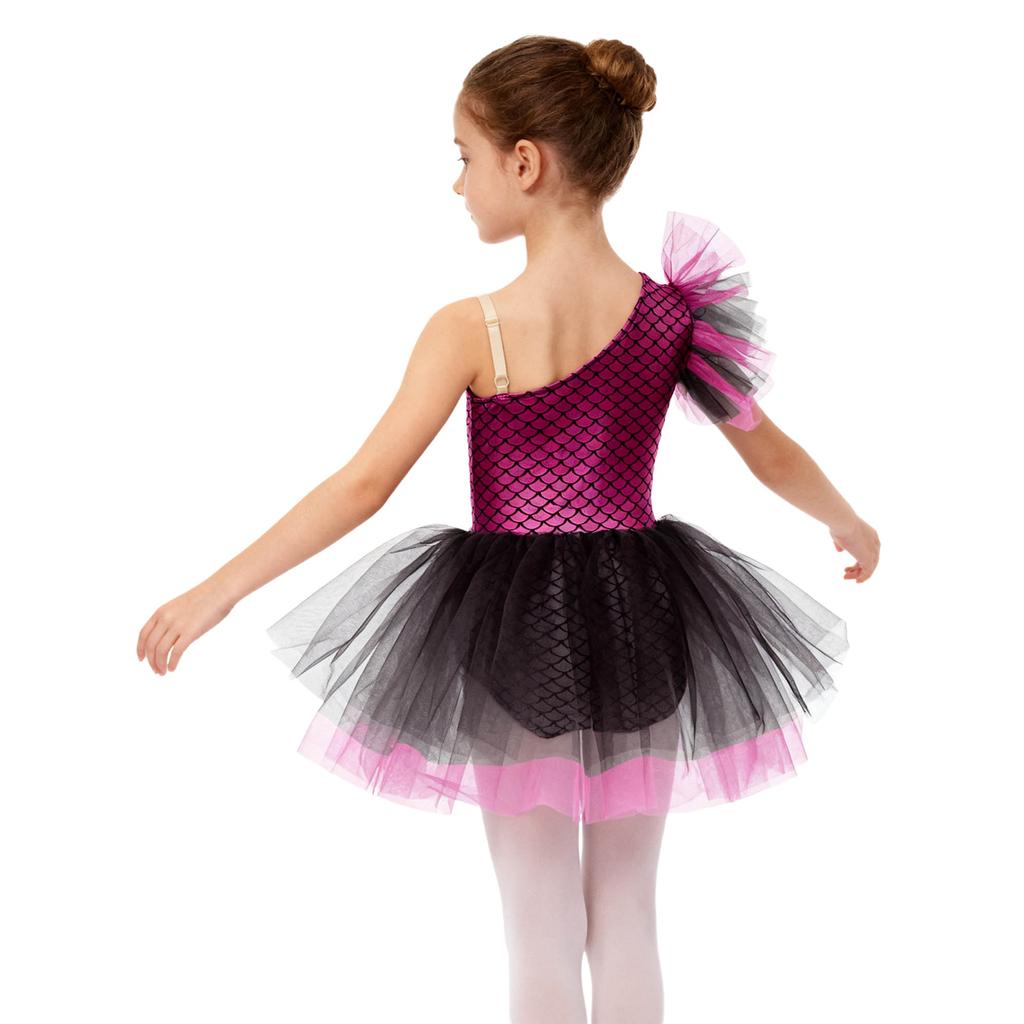 Girls Ballerina Tutu Dress One Shoulder Sleeveless Mermaid Fish Scales Print Camisole Leotard Halloween Dance Costume