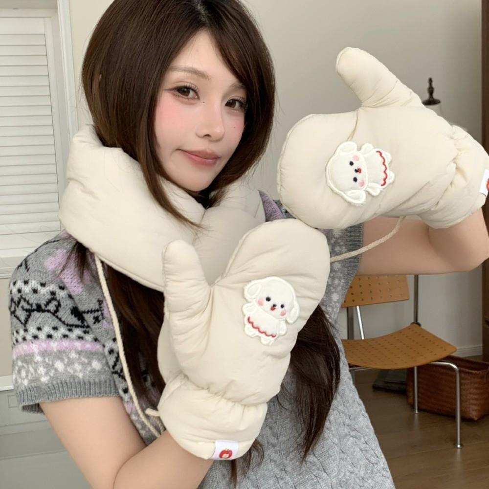 Neck String Pink Bunny Puppy Mittens Fleece Lined Thick Warm Gloves Cold Weather