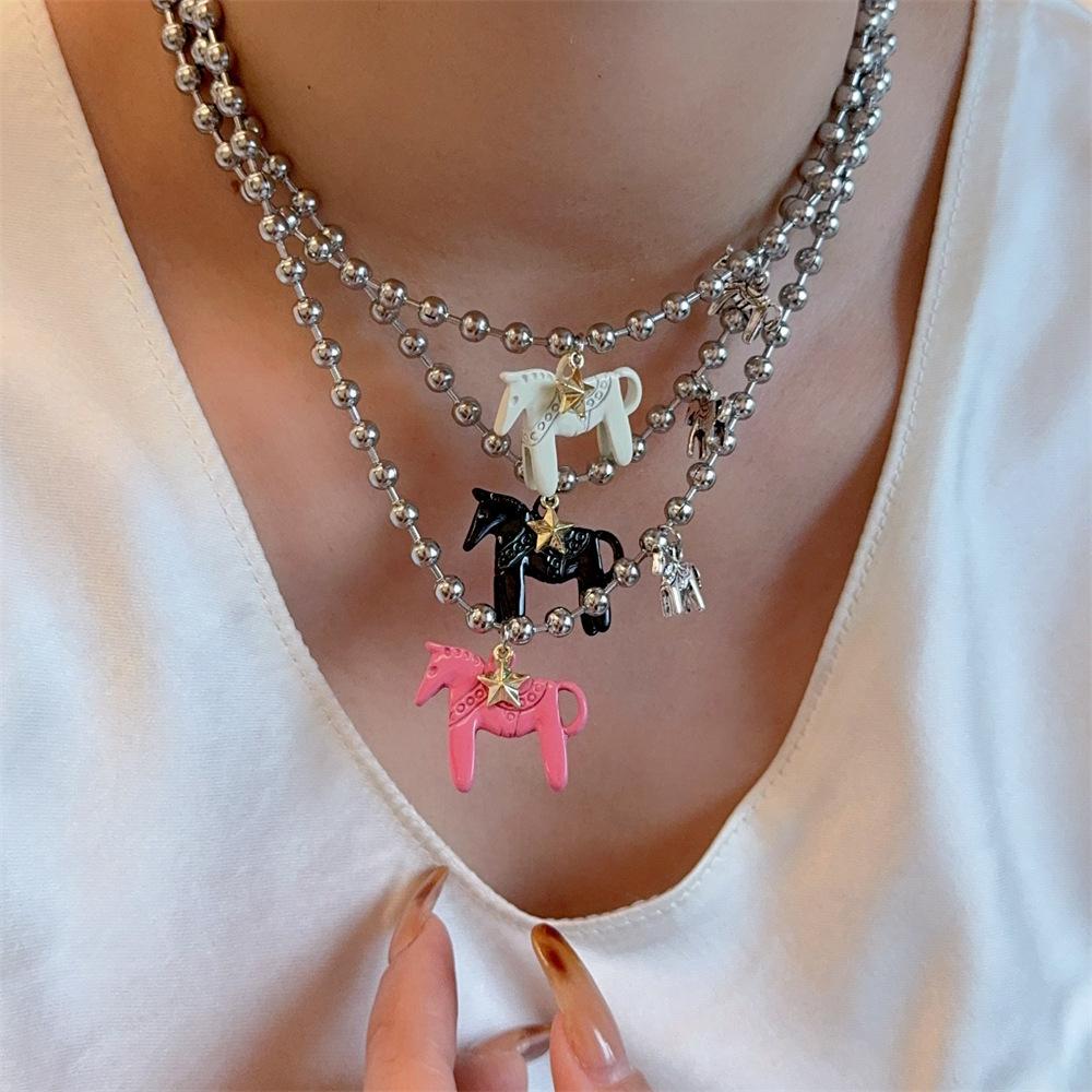 Enamel Colt Horse Pendant Necklaces for Women  Alloy Beads Chain Chokers