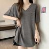 Slimming V-Neck Short Sleeve T-Shirt for Women Mid-Length Casual Loose Fit Polyester Summer Top Cover Belly Versatile Shoulder