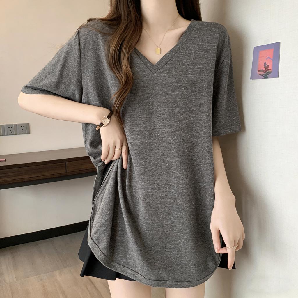 Slimming V-Neck Short Sleeve T-Shirt for Women Mid-Length Casual Loose Fit Polyester Summer Top Cover Belly Versatile Shoulder