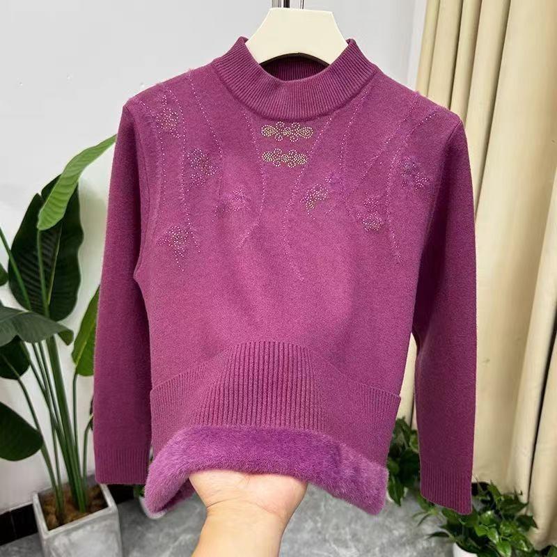 Winter Wear Velvet Thickened Sweater Middle-aged Derly Loose Fashionable Half Turtleneck Warm Bottoming Shirt Tops for Women