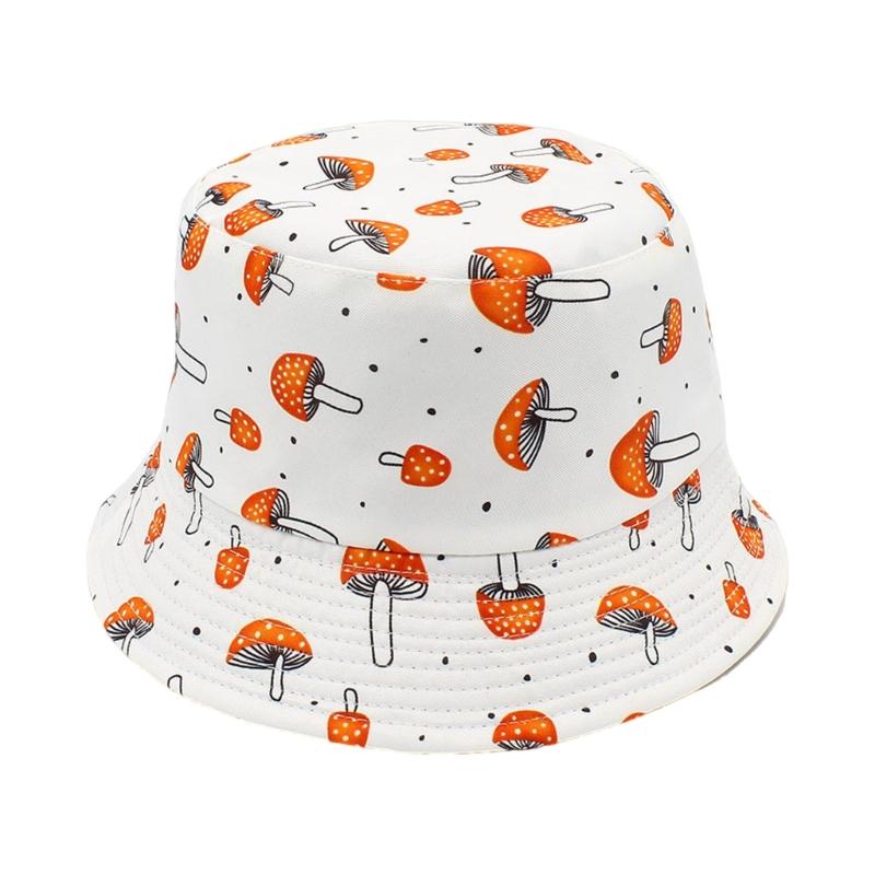 Casual Wear Fisherman Hat Reversible Bucket Hat For Girls Funny Fashion Mushroom Print Hat Bucket Hat Mushroom Pattern белый