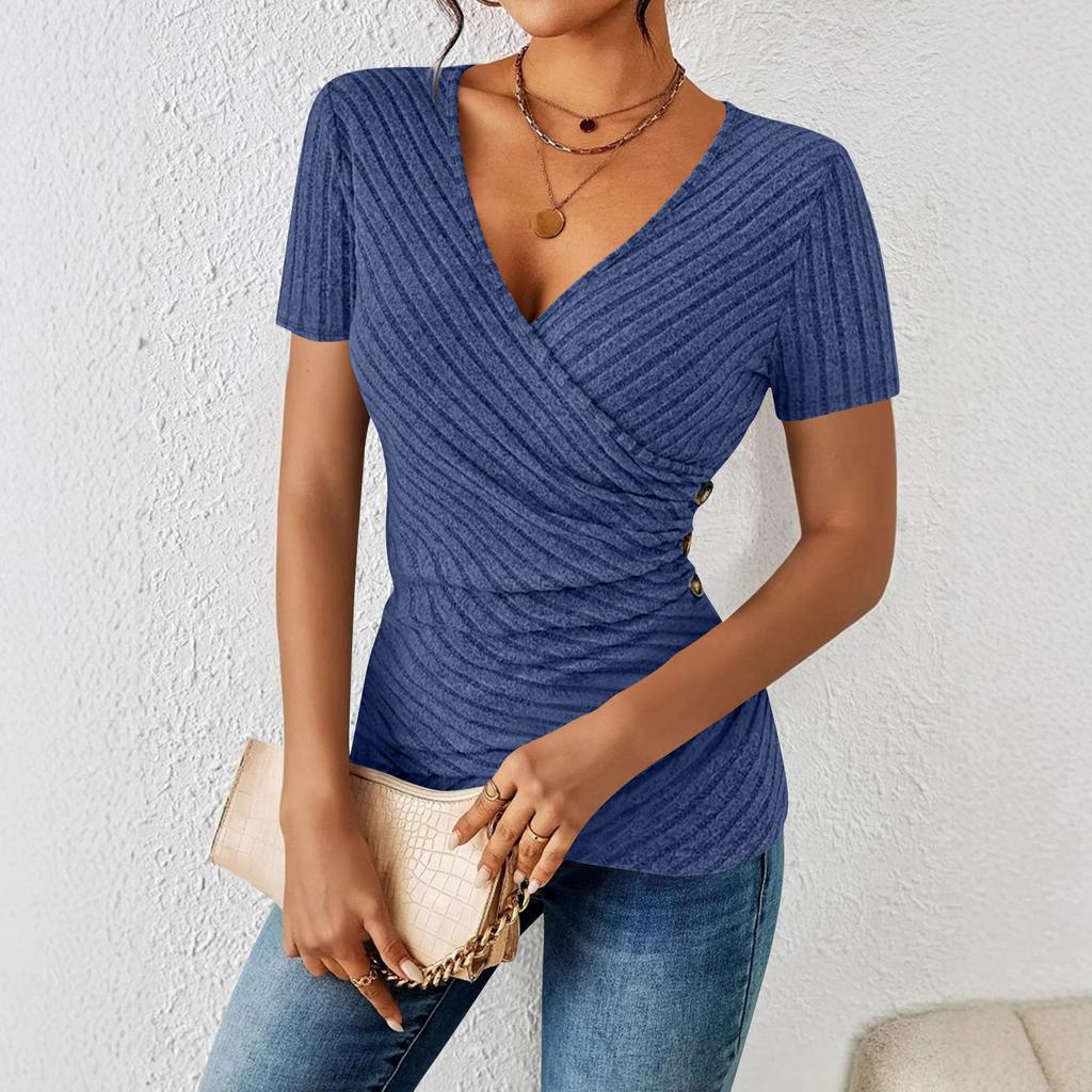 Women's Fashion Casual Color V-neck Casual Short-sleeved Top