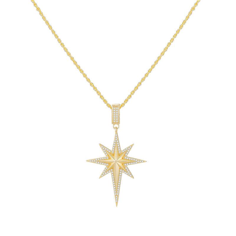 18K Gold Copper Necklace with Zircon & Diamond Eight-Pointed Star Pendant - Light Luxury Clavicle Chain