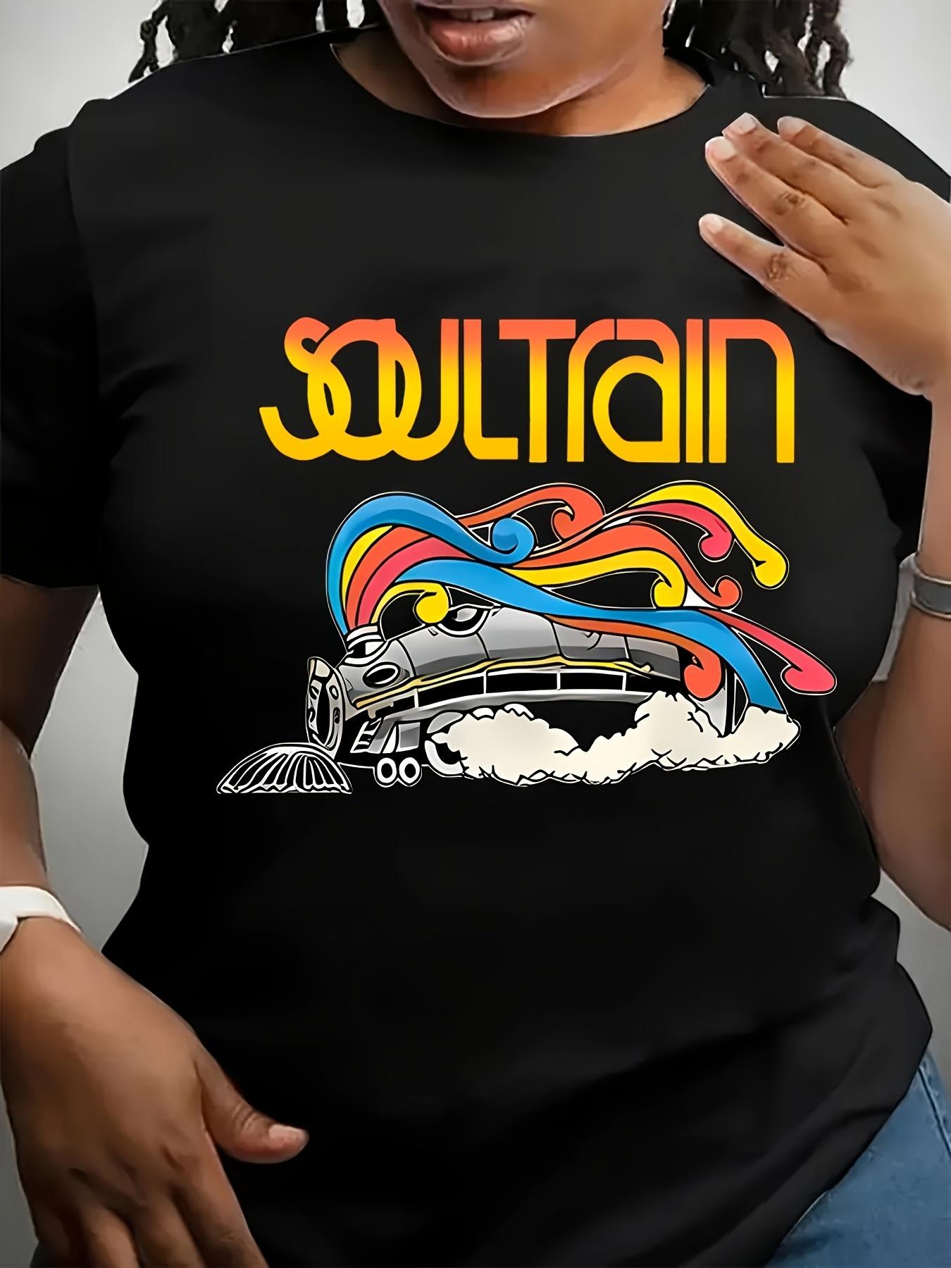 

Women s Graphic T-Shirt Soul Train Design with Bold Yellow Lettering Colorful Retro Print Round Neck Short Sleeve Casual Top 4XL