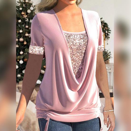 Čtvercový límec Krátký rukáv Skládací lem Jednobarevné Dámské Tričko Letní Flitry Prošívání Falešné dvoudílné topy