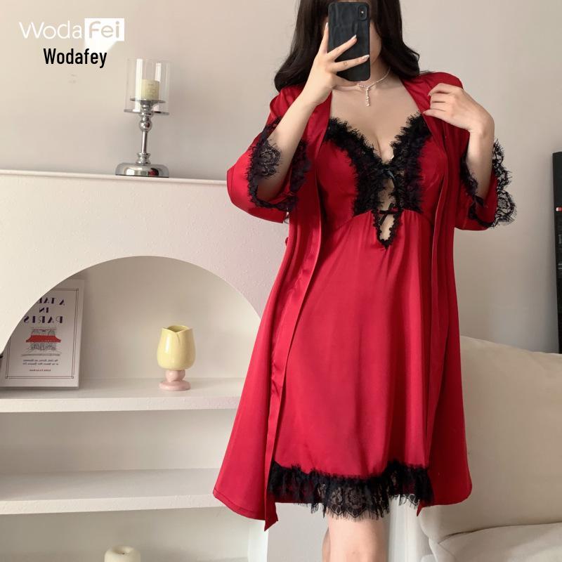 

Back Temptation: Ice Silk Nightgown Set - Sexy Slip Dress & Outer Robe with Chest Pads for Summer Home Wear Large