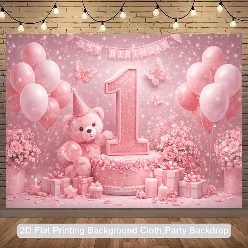 2D 1st Birthday Backdrop Pink Teddy Bear Balloon and Gift Box Party Background 47.2x31.5inch/120*80cm