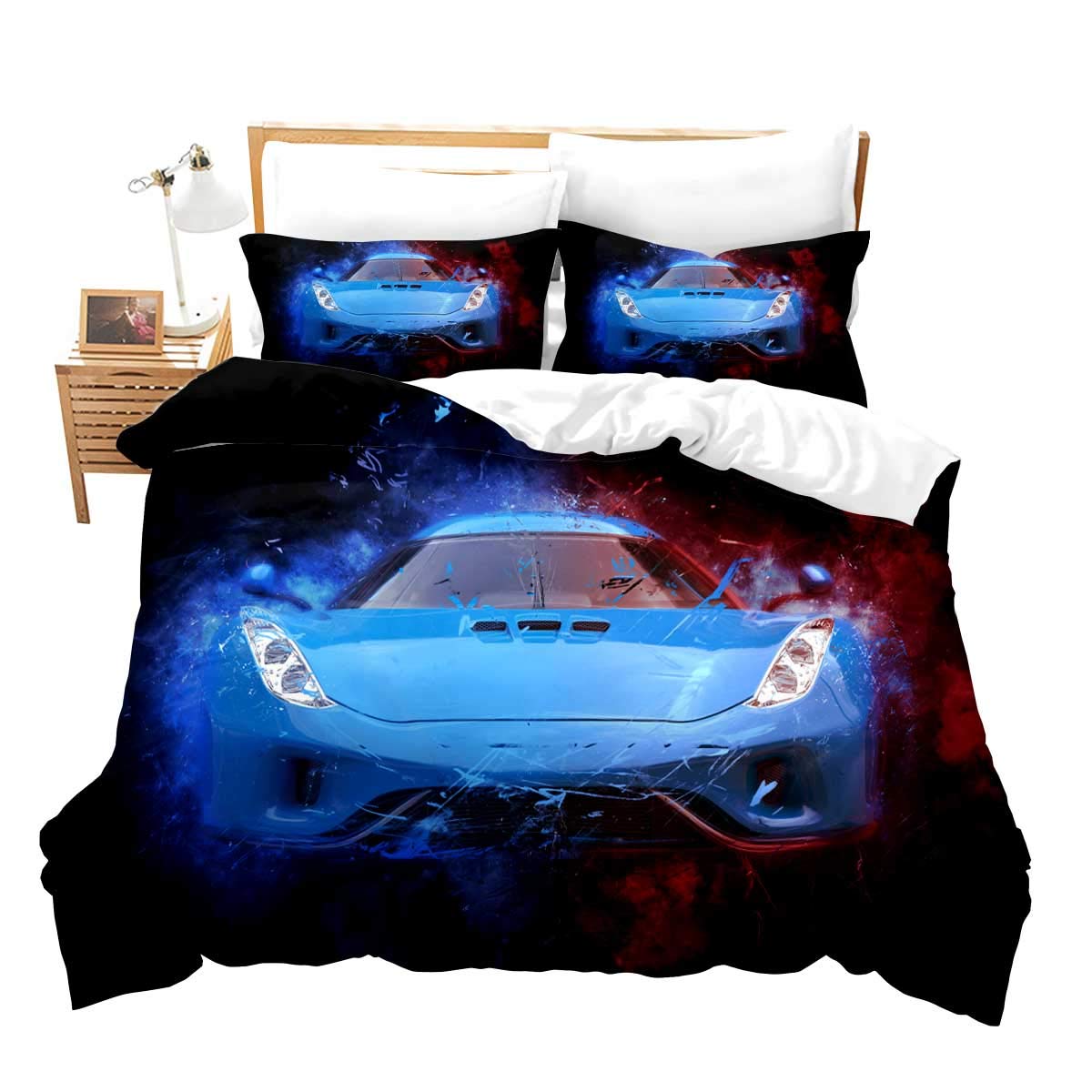

Sport Racing Car Duvet Cover Set Blue Race Car Bedding Set Full Size Boys Blue Flame Extreme Speed Sports Car Comforter Cover EU single(135x200cm)