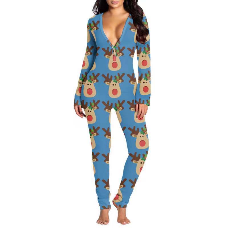 2023 Europäischer & Amerikanischer Weihnachten Langarm Knopfleiste Bedruckter Erwachsenen Jumpsuit