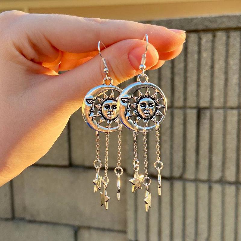 Handmade SUN MOON AND STAR Drop Earrings CELESTIAL Tibetan Silver Color Gift Wicca Pagan Crescent Moon Earrings