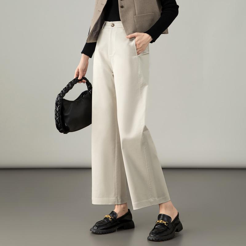 Autumn 2025 Women's Navy Blue Lyocell Cotton Wide-Leg Pants - High-Waisted, Slimming, Casual Straight-Leg Design