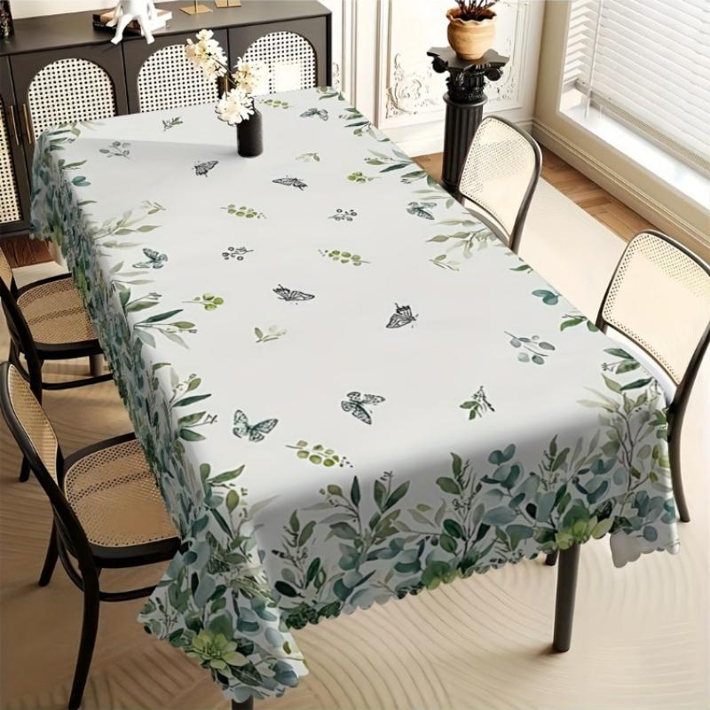 Nappe Eucalyptus et Papillon à l'aquarelle, Imprimé Bordure Botanique avec Bord Festonné, Résistante aux Taches pour Salle à Manger & Rustique 100x140cm