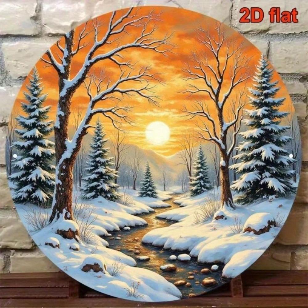 Vintage Winter River Mountain Metal Poster 8x8 Round Wall Art for Living Room