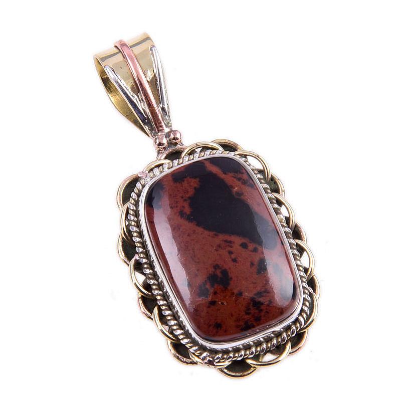 Natural Mahogany Obsidian Gemstone 925 Solid Silver Two Tone Pendant 1.50'' d4S48