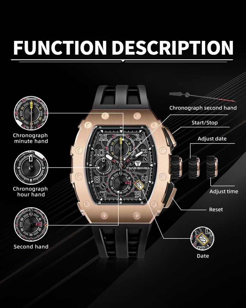 TSAR BOMBA Men's Skeleton Automatic Watch Ceramic Japanese Movement Tonneau Silicone Strap 50M Water Resistant Luminous Luxury Business Fashion Sports