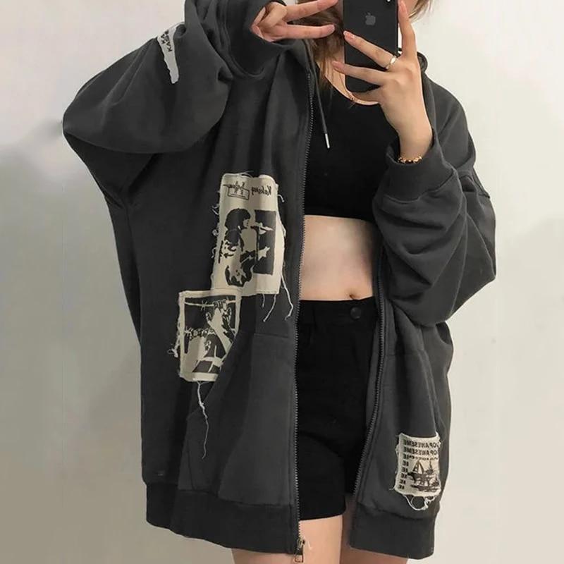 Damen Street Brown Graffiti Print Reißverschluss Vintage Tops Hoodie Sweatshirts Hoodies Kawaii Bluse Grunge Y2k Mäntel Herbstjacken