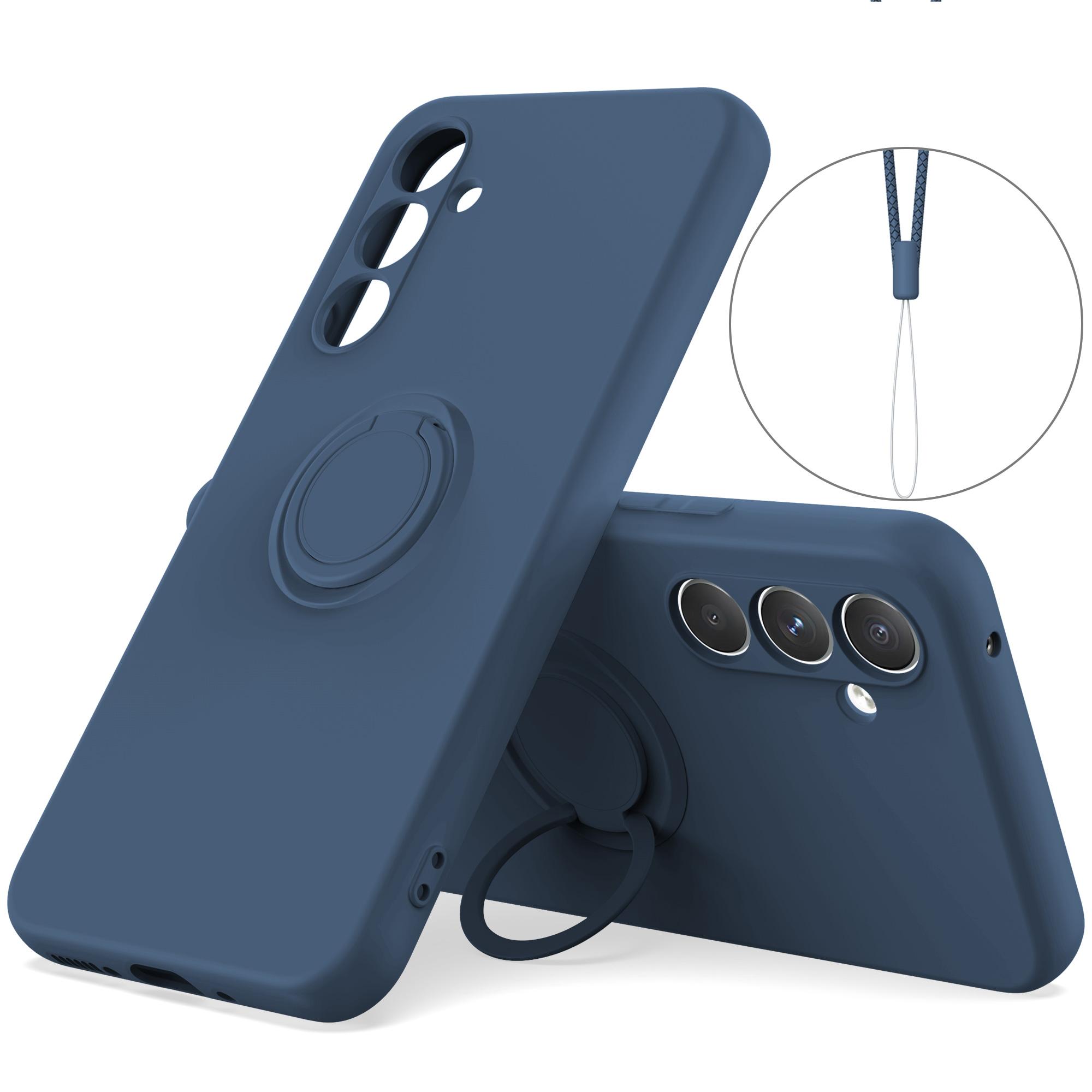 

For Samsung Galaxy A55 5G Liquid Silicone Case Ring Kickstand Phone Cover with Lanyard Midnight Blue