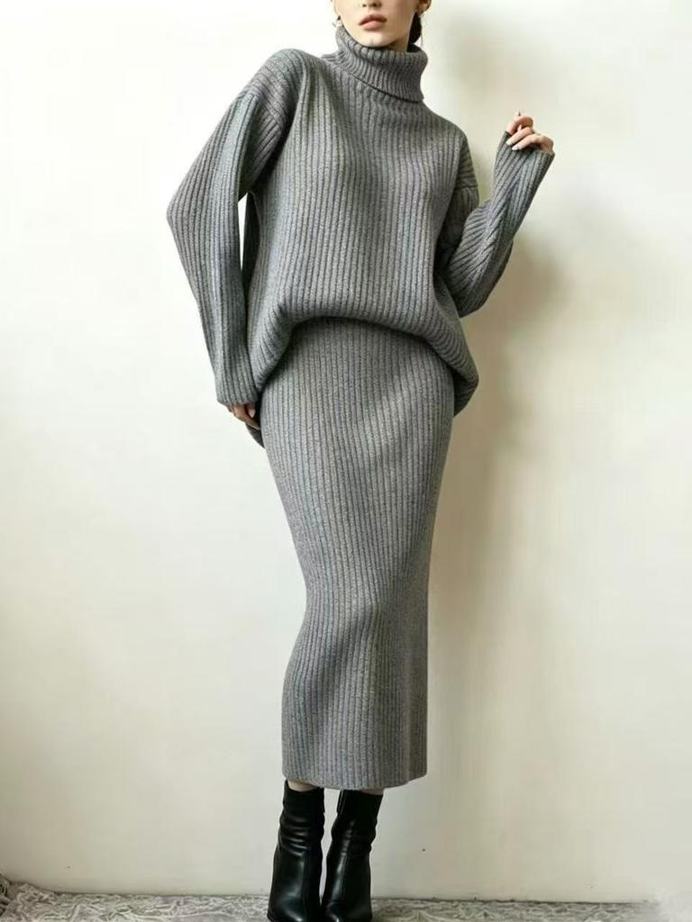 European and American Style Turtleneck Sweater Set Women's Loose Thermal Cover Head Pit Strip Skirt Sweater Two-piece Set Popular