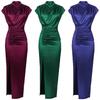 Green High Neck Satin Slit Dress - Elegant High Waist Formal Gown for European & American Styles
