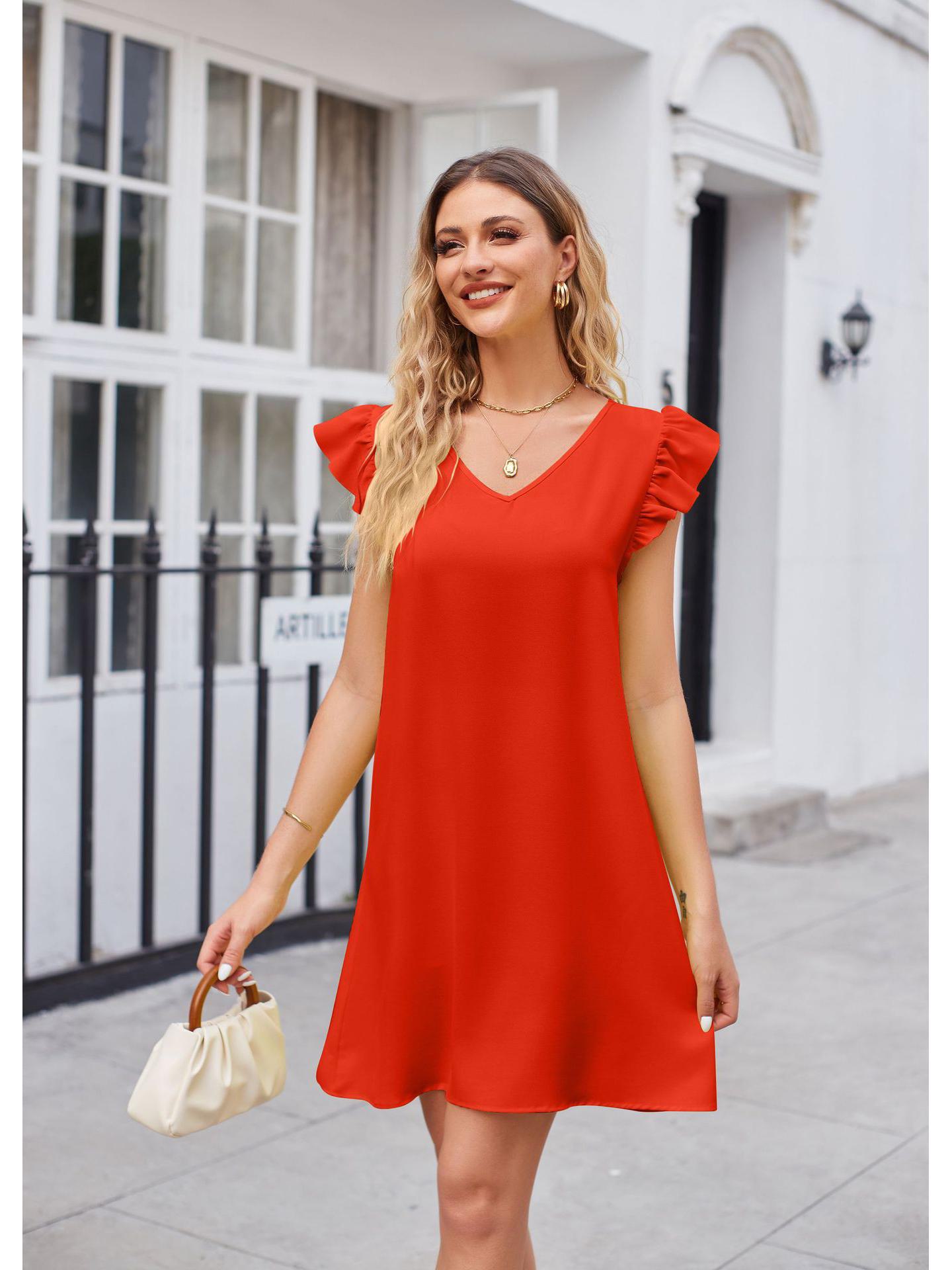 

2023 Лето Женское V-образный вырез с рукавами-фонариками Свободное модное платье XXL оранжевый