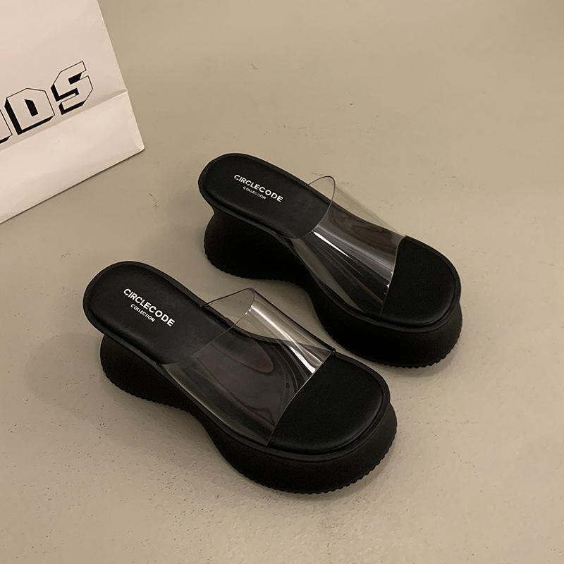 Super High Heel Thick Sole One-word Cool Slippers for Women's Summer Wear New Height-increasing Small Transparent Waterproof Table Sandals