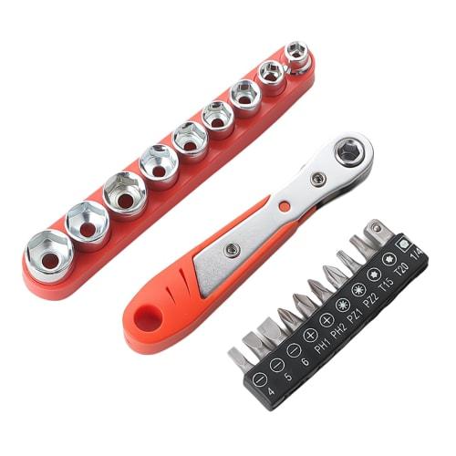 Mini Ratchet Set | 19-Piece 1/4-Inch Ratchet Right-Angle Driver | High-Torque Low-Profile Ratchet Angle Driver for Tight Spaces