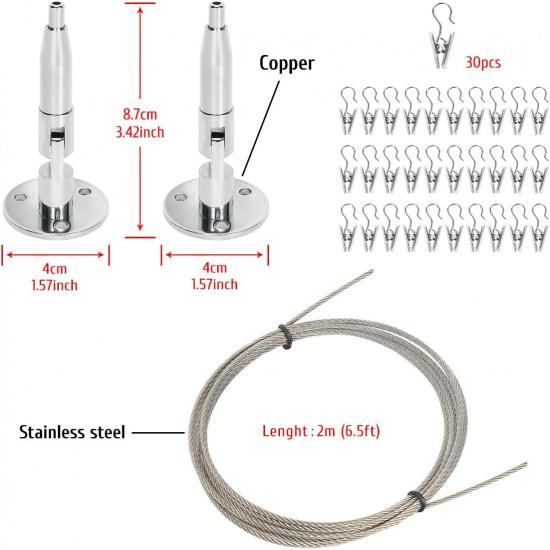 Kids Art Hanging Wire Organizer with Clips, Project Wall Display Cable, 6.5 Ft Long Stainless Steel, 30 Clips, Length Adjust, Rustless, 88 Lb Load