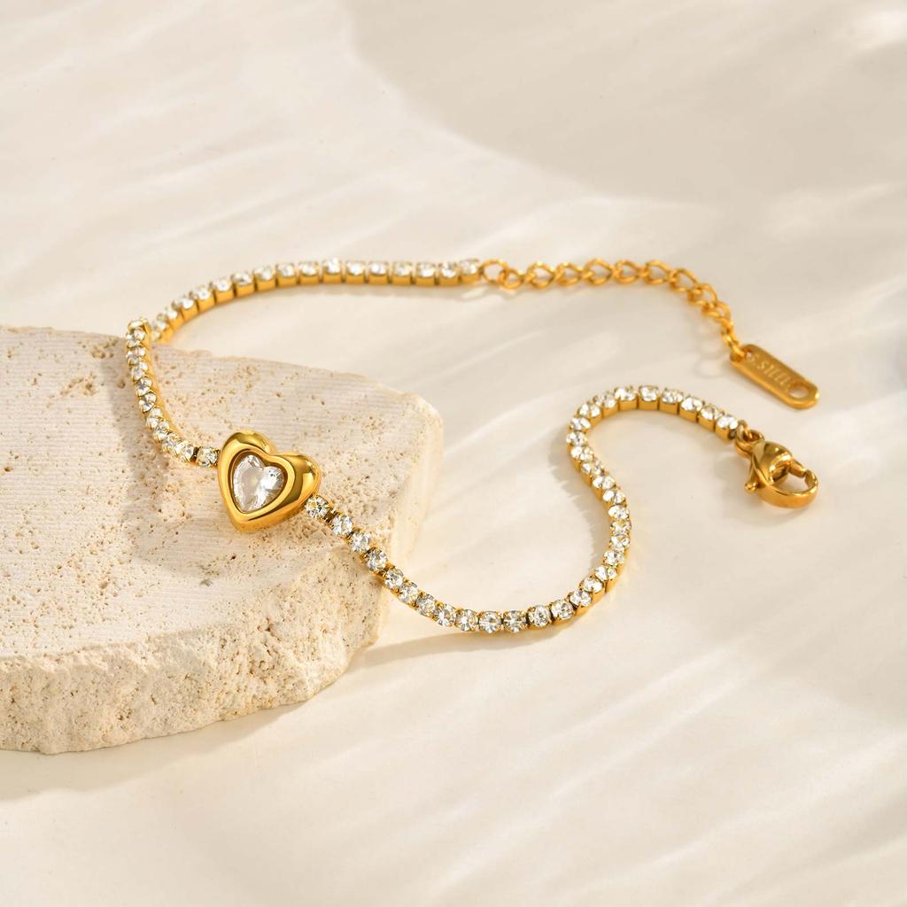 Luxurious Heart Zircon Chain Bracelet for Women,Gold Color Stainless Steel Link Chain Bracelets,Fashion Jewelry Gift