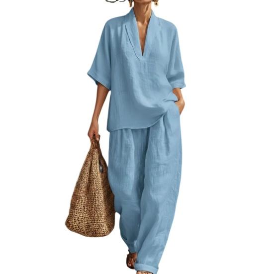 Completi Estivi da Relax a 2 Pezzi per Donna con Scollo a V, Manica Corta e Pantaloni a Gamba Larga, Set Casual per Viaggi e Vacanze