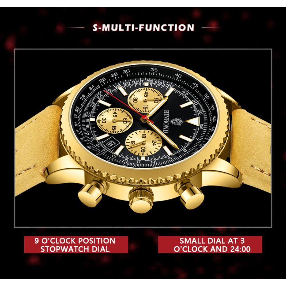 BINBOND Top Brand Man Quartz Watch Waterproof Luminous Date Chronograph Leather Wristwatch Military Sports Luxury Men's Watches