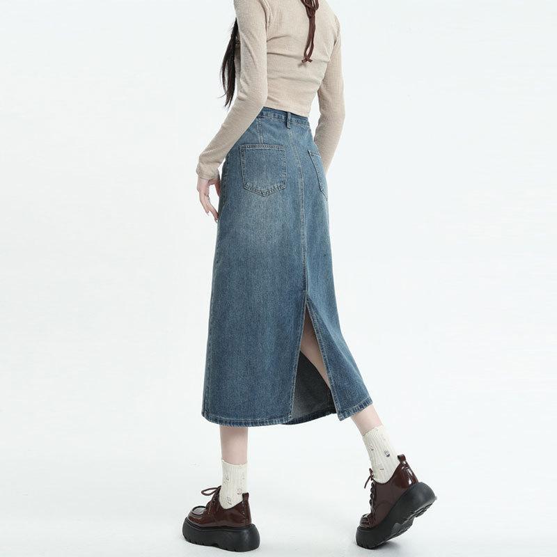 Women Summer High Waist Design Leather Sign Split A-line Package Hip Vintage Mid-Length Skirt Versatile Comfortable Fashion Denim Bustier Skirt