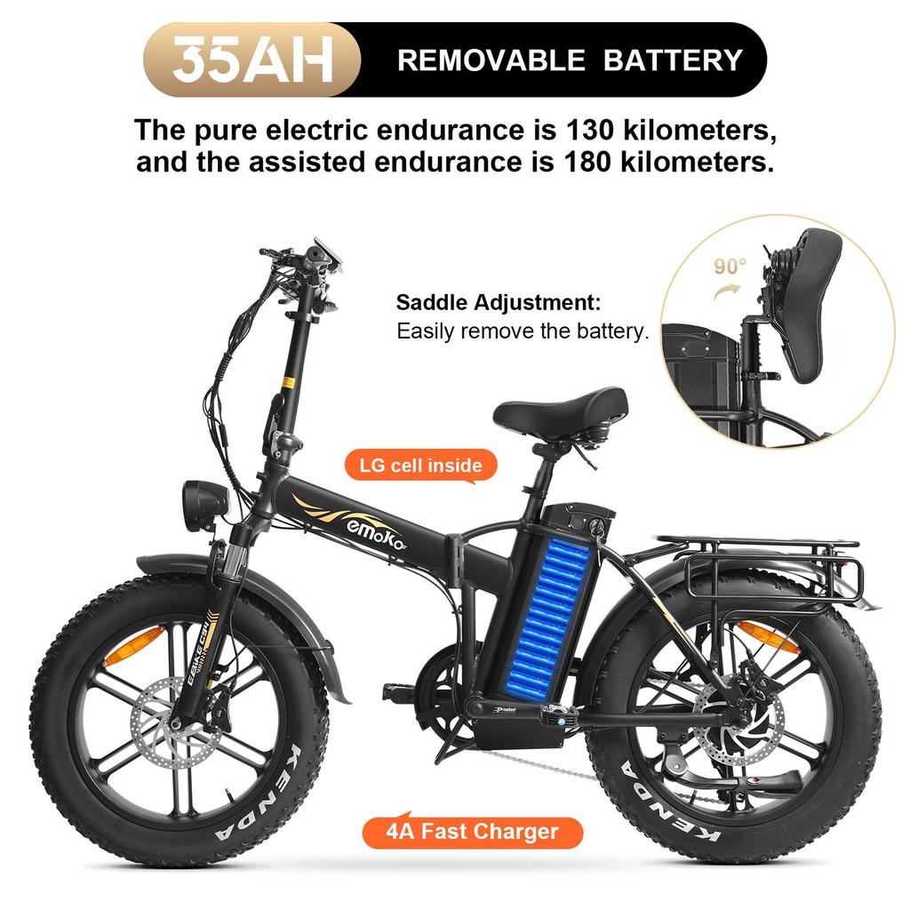 Electric Bike Foldable EMOKO C94 20" 1000W Motor City Ebike 48V 35AH Max Range 200Km 7 Speed Black