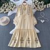 Women's Ethnic Style Embroidered Stand Collar Long Sleeve Maxi Dress for Summer