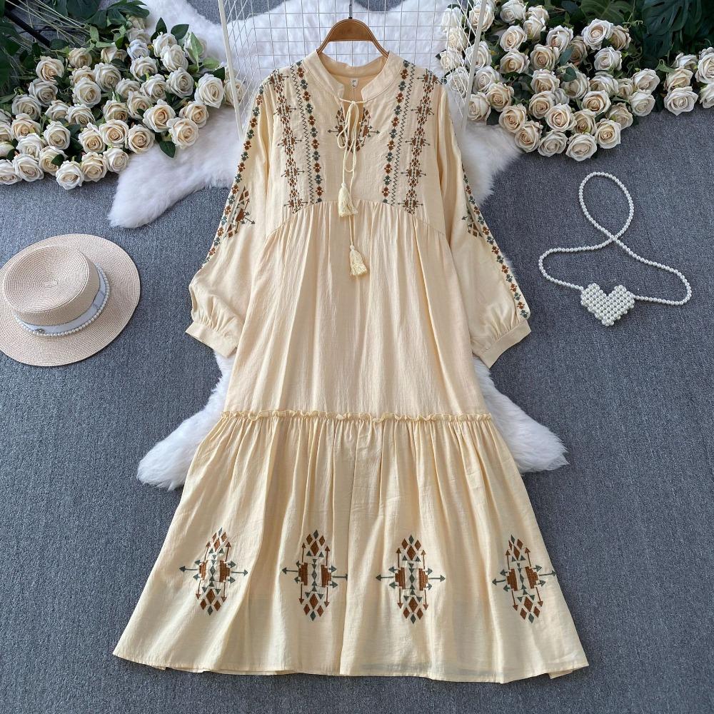 Women's Ethnic Style Embroidered Stand Collar Long Sleeve Maxi Dress for Summer