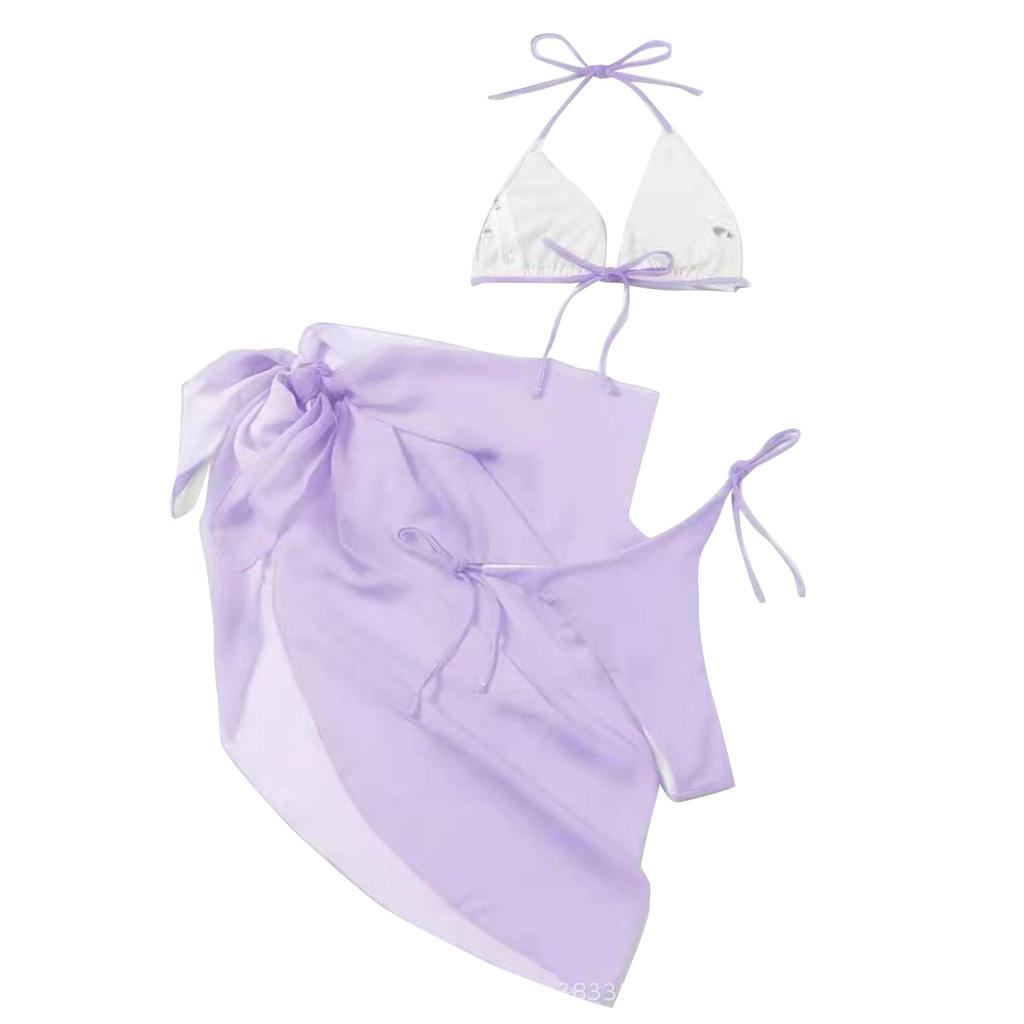 Women's Summer Fashion Sexy Solid Color Backless Lace-up  Waist  Veils Knot Hem Bikini  Three-pieces Swimsuit