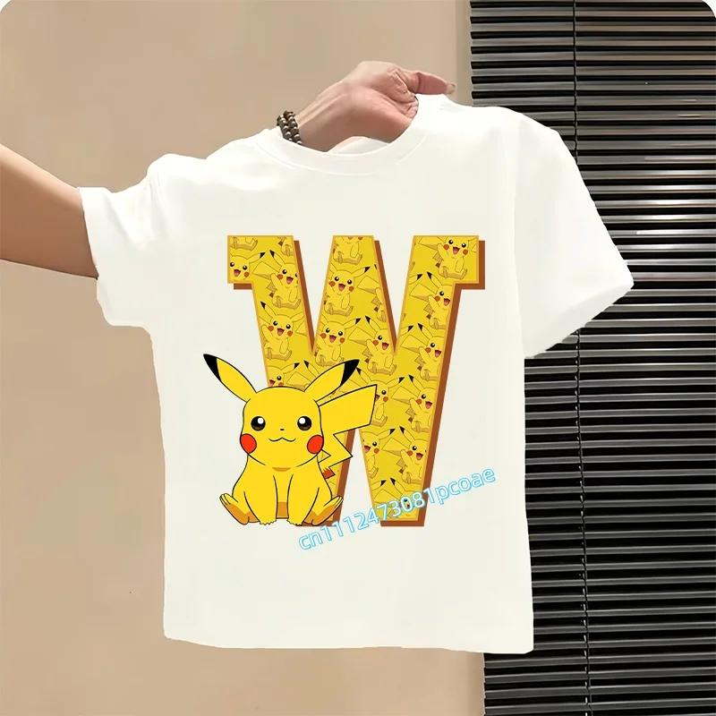 Short Sleeve Summer T-shirt Tops Cotton Tee for Pokemon Pikachu Anime A-Z Letters Printed Cute Clothing Children Casual Clothes