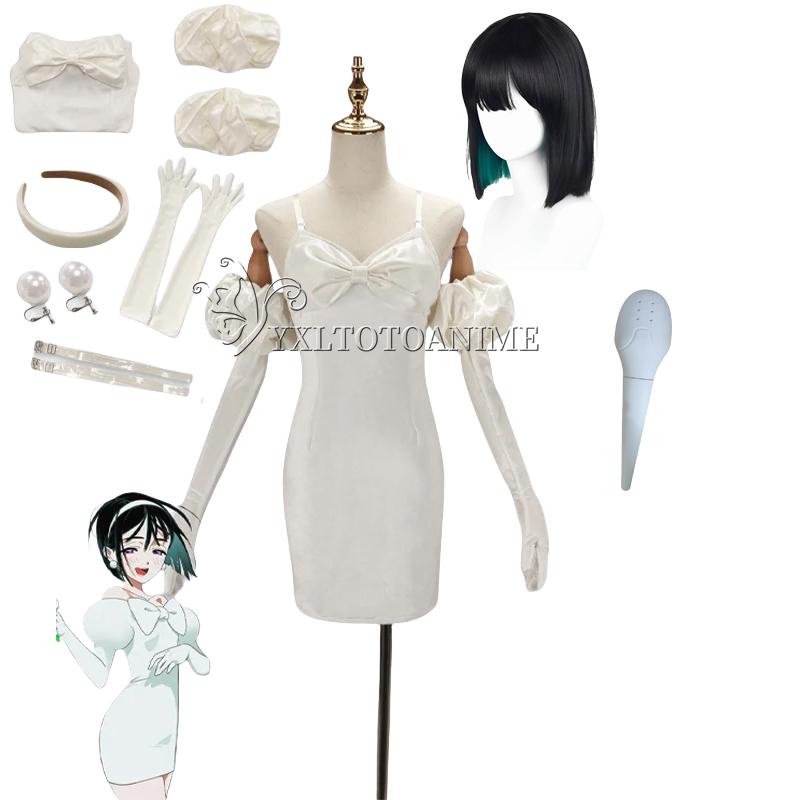 Sua Cosplay Kostuum Pruik Anime Buitenaards Podium Cosplay Kostuum Microfoon Wit Jurkje Oorbellen Korte Zwarte Pruik Sua Cosplay Kleding S white